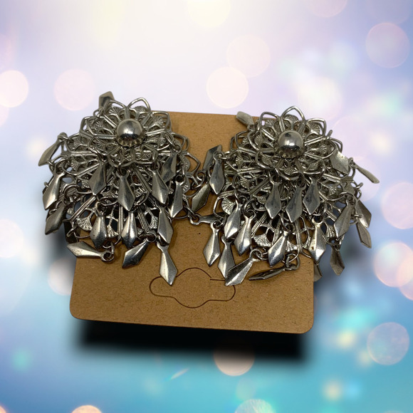 Vintage 1960s Oversized Silver Kinetic Cluster Clip On Earrings Couture Runway - Picture 5 of 5
